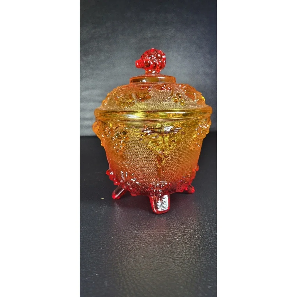 Vintage Jeannette Glass Amberina Glass Footed Candy Bowl Dish W Lid Grape